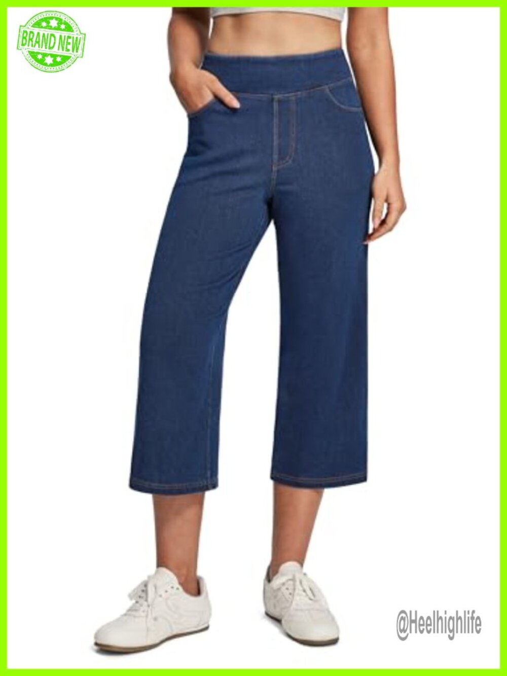 High Waisted Pull On Capri Jeans with Pockets Four-Way Stretch Knit Denim